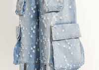 Blue Niche Design Jeans High Waist Loose Hole Trousers