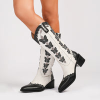 Western Denim Colorful Butterfly Embroidered Chunky Heel Ankle Boots