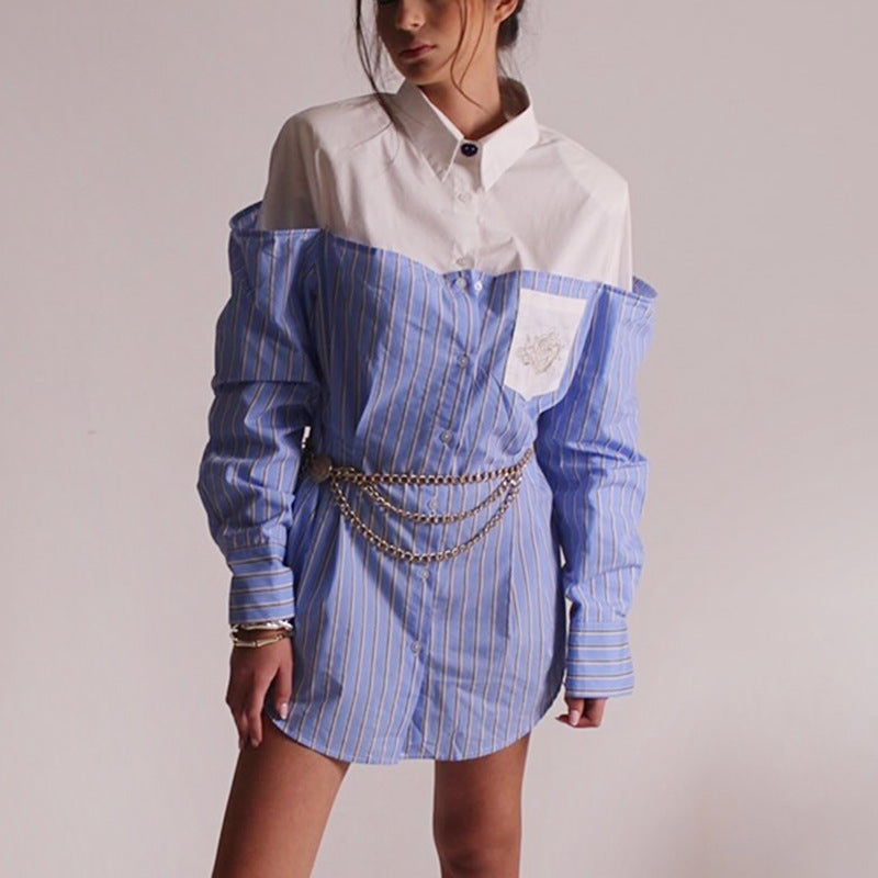 Blue Simple Office Top Women Summer Comfort Faux Two Pieces Casual Striped High Grade Women Shirt