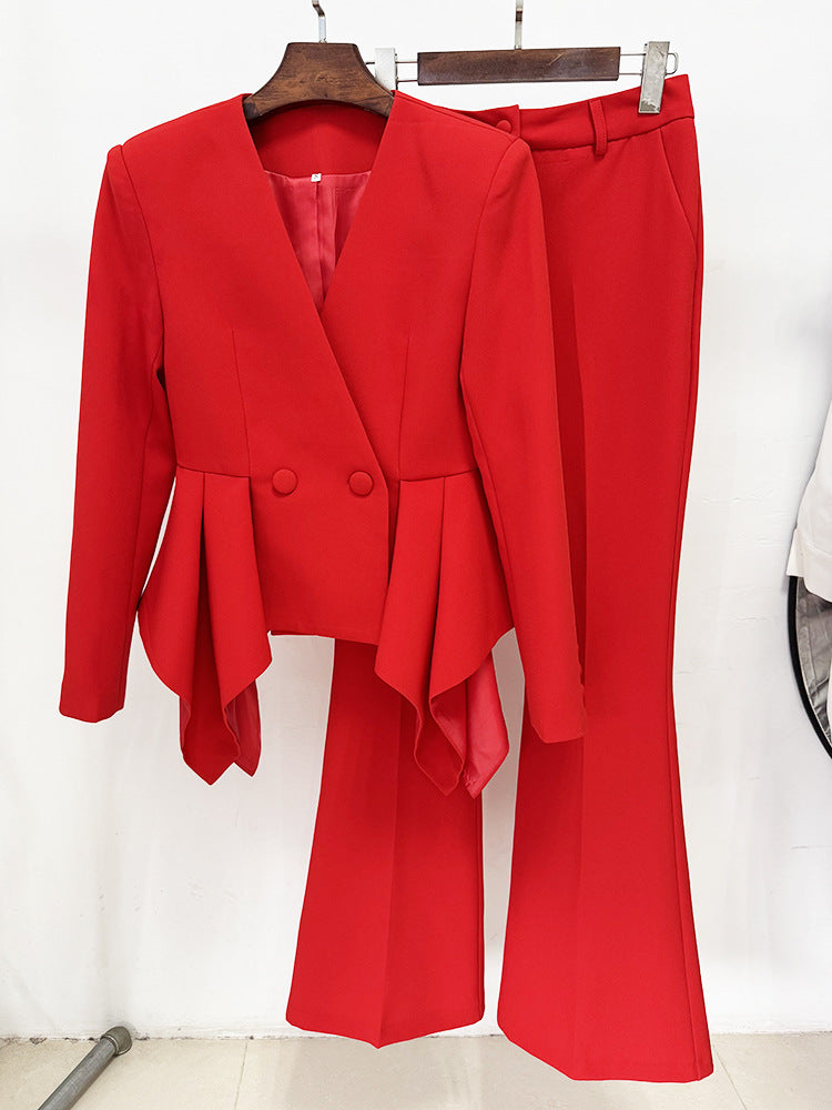 Deep Designer Lotus Leaf Swing Slim Top Jacket Bootcut Pants Two Piece Set