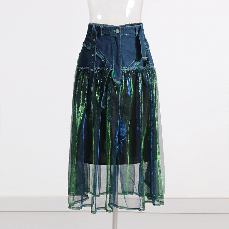 Blue Denim Stitching Mesh Skirt for Women - High Waist Slimming Elegant Design