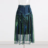 Blue Denim Stitching Mesh Skirt for Women - High Waist Slimming Elegant Design