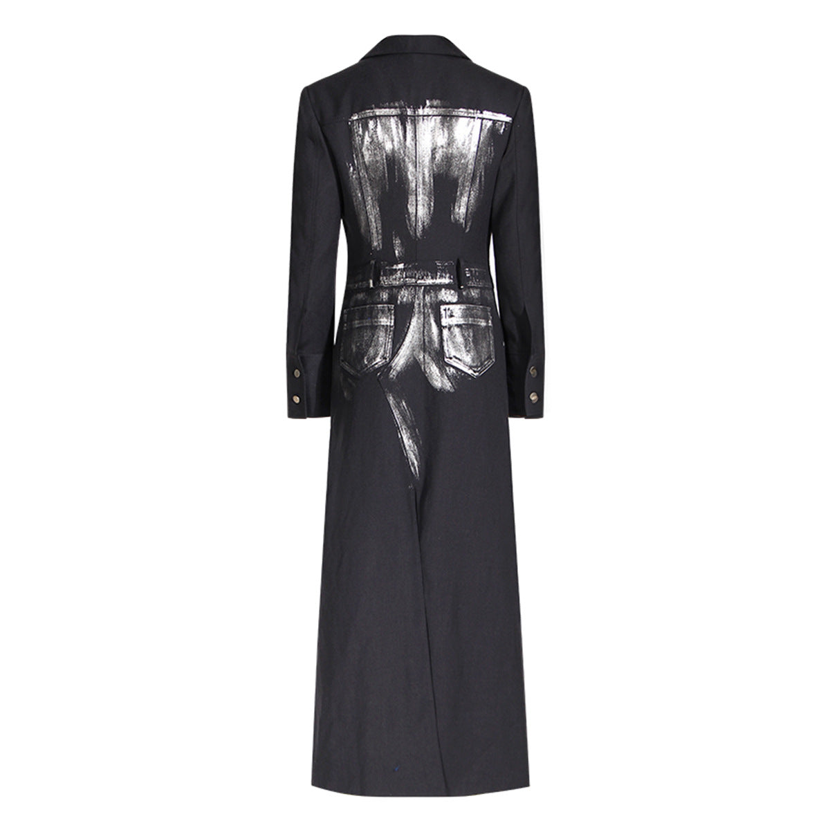 Black Niche Design Trench Coat Women Handmade Metal Silver Brush Color Rock Artist Super Long Blazer - Modestly Vogue