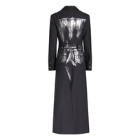 Black Niche Design Trench Coat Women Handmade Metal Silver Brush Color Rock Artist Super Long Blazer - Modestly Vogue