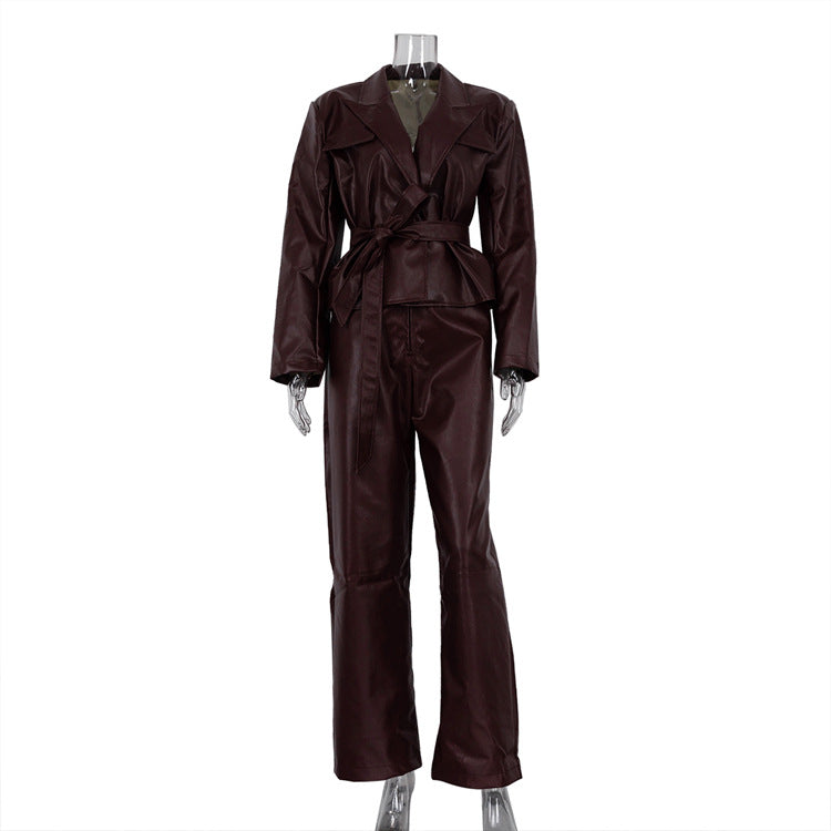 Spring Autumn Retro Green Fruit Collar with Belt Leather Coat High Waist Leather Pants Set for Women