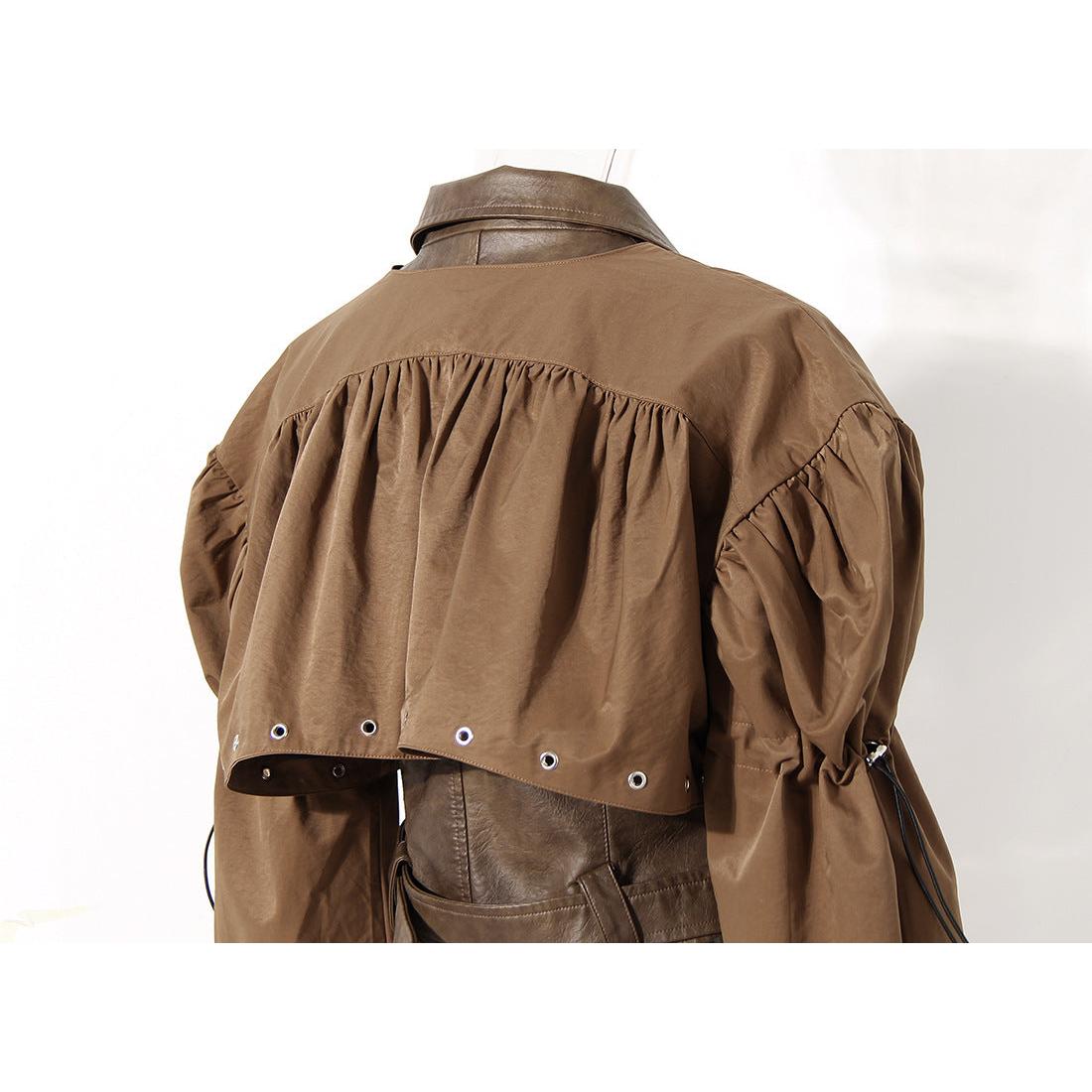 Earthtone Design Two Piece Coat Spring Cloak Stitching Faux Leather Handsome Waist Tight Jacket Top Women