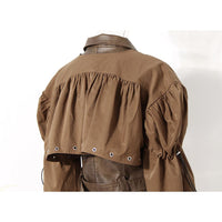 Earthtone Design Two Piece Coat Spring Cloak Stitching Faux Leather Handsome Waist Tight Jacket Top Women