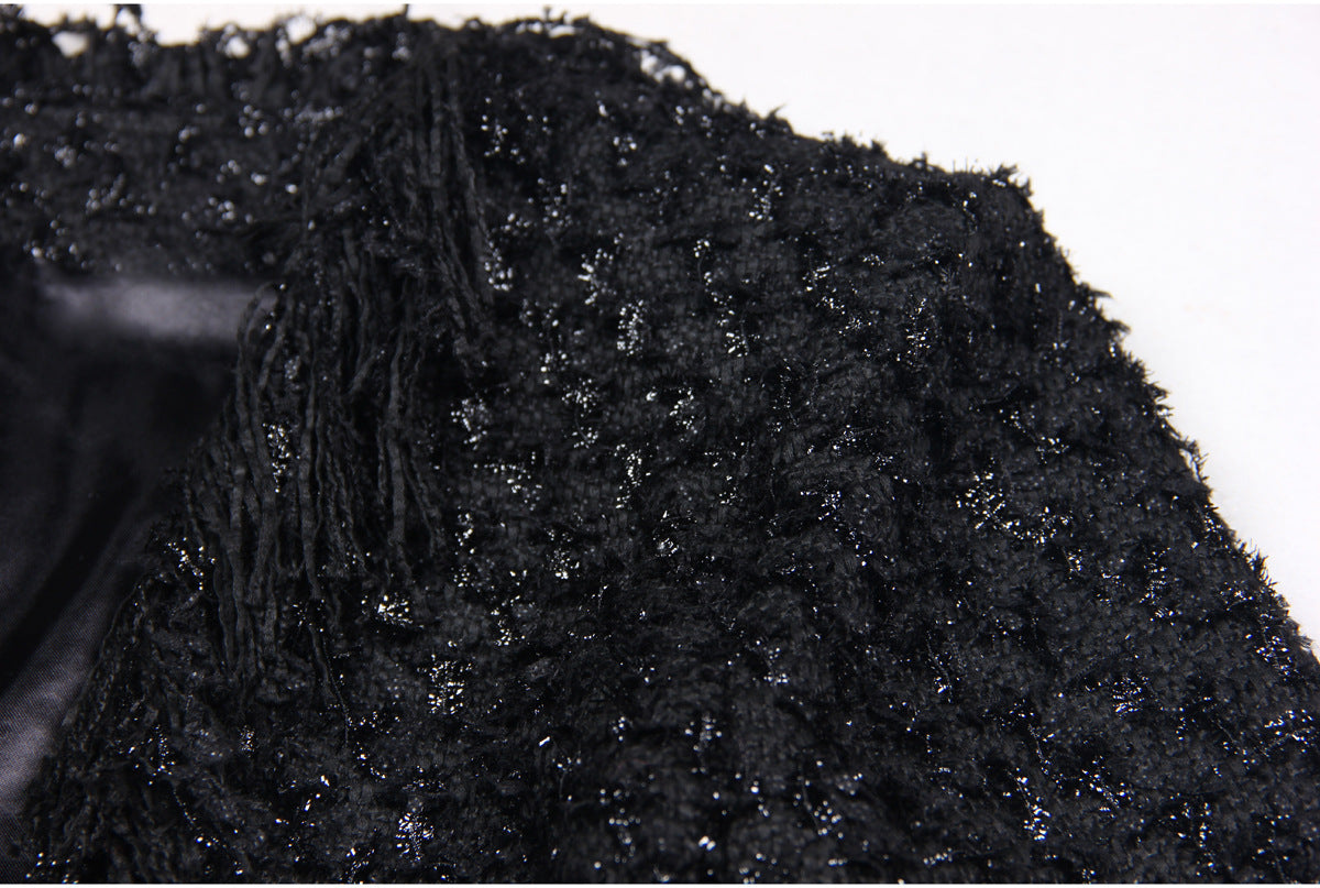 Black Silk Tweed Fringe Pocket Fastener Decoration Cardigan Women Coat Top