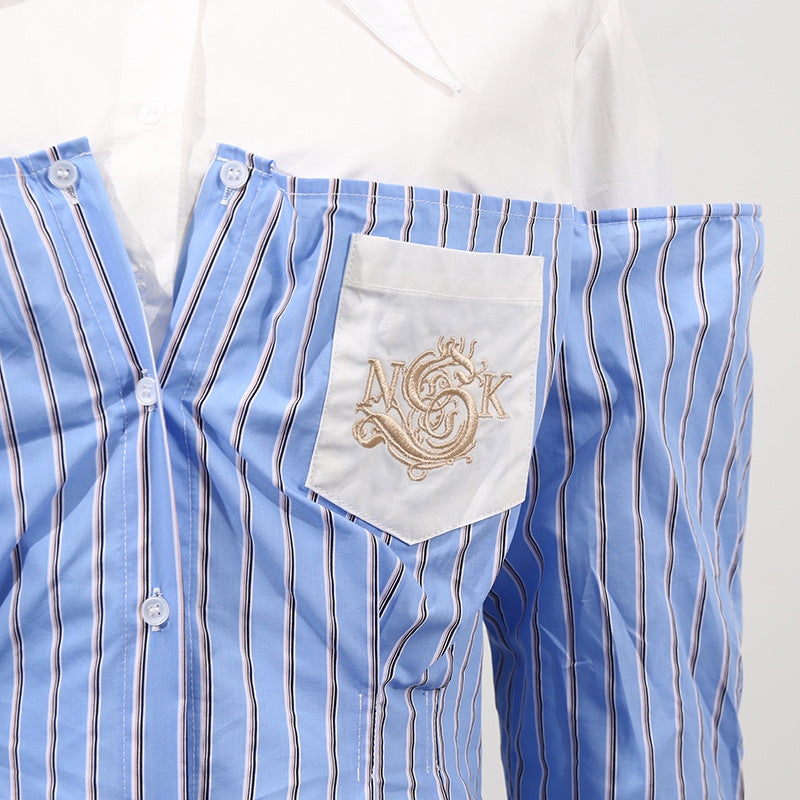 Blue Simple Office Top Women Summer Comfort Faux Two Pieces Casual Striped High Grade Women Shirt