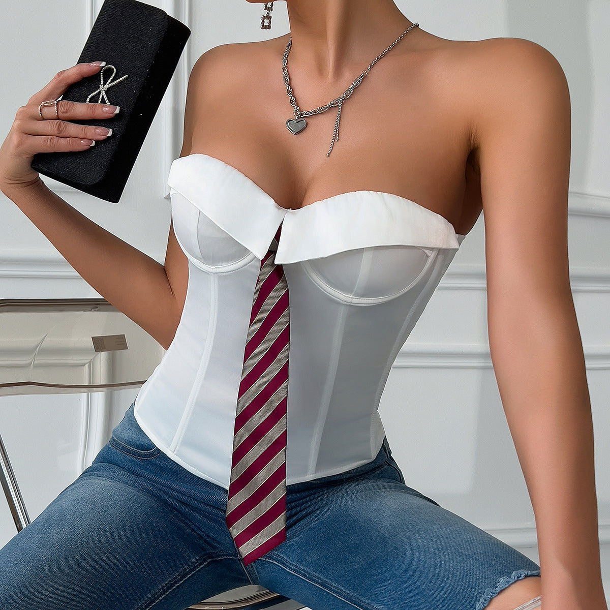 Low Cut Satin Tie Corset Top with Boning and Lace-up Steel Rings - Modestly Vogue