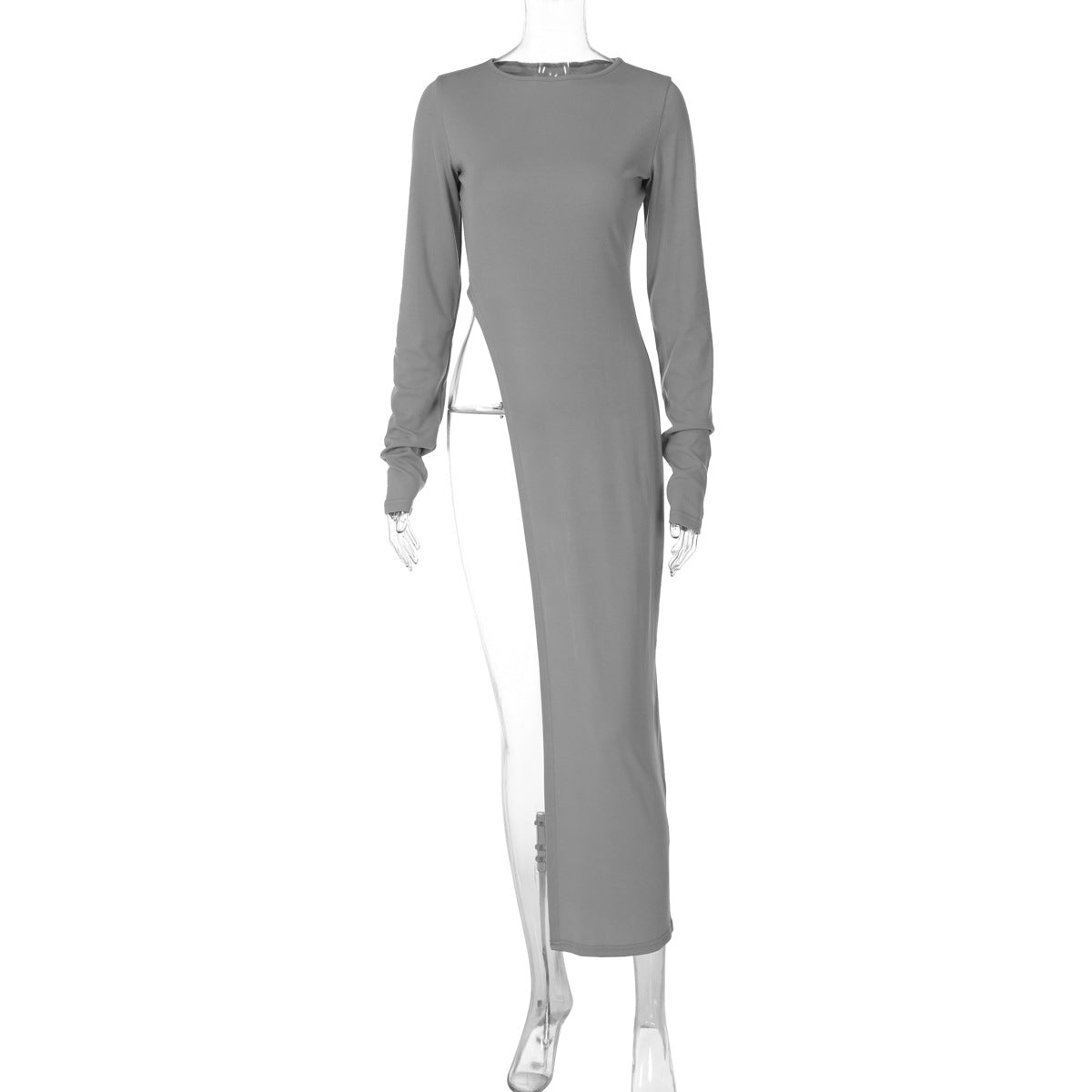 Neutral Winter Women Clothing Personality High Slit round Neck Long Sleeve Sexy Slim Solid Color Top