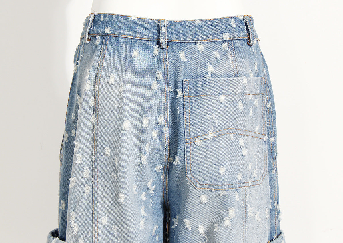 Blue Niche Design Jeans High Waist Loose Hole Trousers