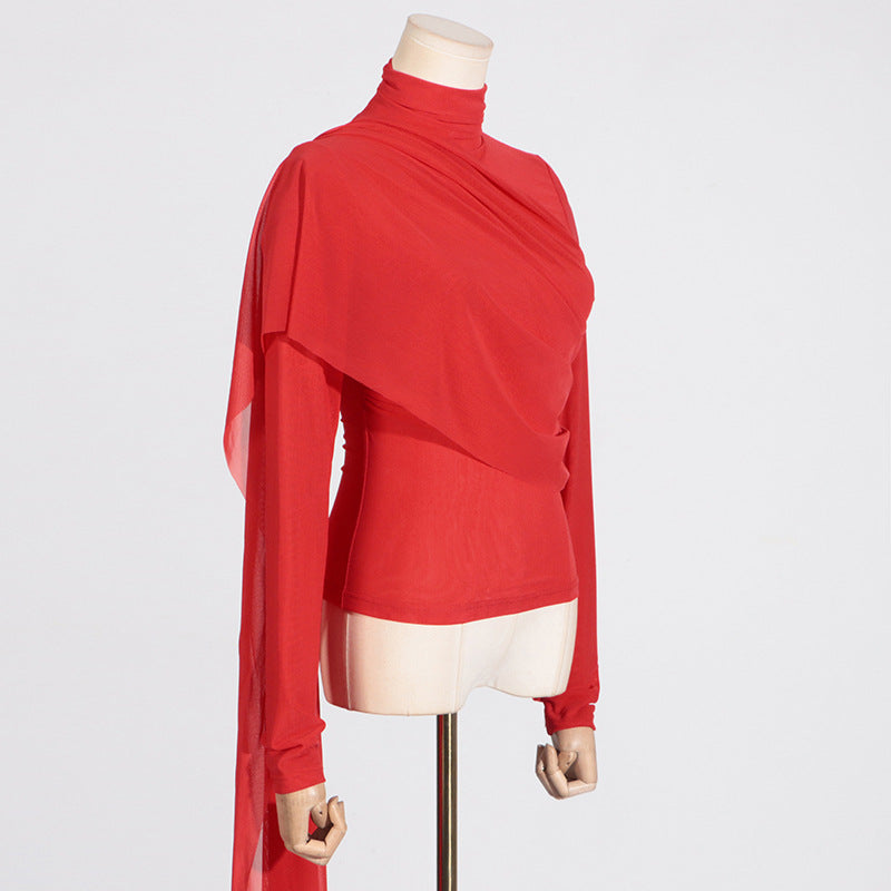 Deep Elegant T-Shirt for Women - Autumn Stand Collar Long Sleeve Mesh Slim Top
