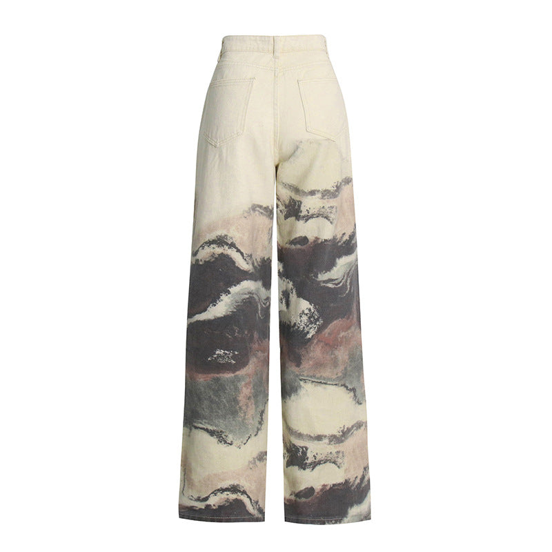 Neutral Blooming Ink Painting Patchwork Trousers for Women - High Waist Autumn Casual Jeans