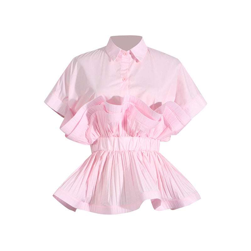 Pastel Collar Ruffled Stitching Design Tight Waist Slimming High Grade Short Sleeve Shirt for Women