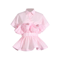 Pastel Collar Ruffled Stitching Design Tight Waist Slimming High Grade Short Sleeve Shirt for Women