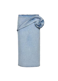 Blue Spring Summer Modern Urban Women Power Sense Three Pleated Rose Washed Denim Pencil Skirt