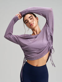 Round Neck Yoga Long Sleeve Drawstring T shirt Loose Breathable Fitness Running Top