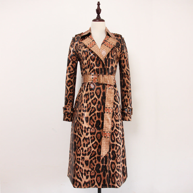 Leopard Print Goods Spring Autumn Snakeskin Long Trench Coat