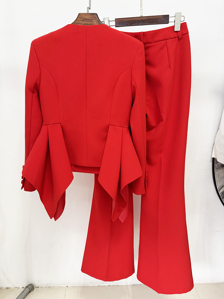 Deep Designer Lotus Leaf Swing Slim Top Jacket Bootcut Pants Two Piece Set