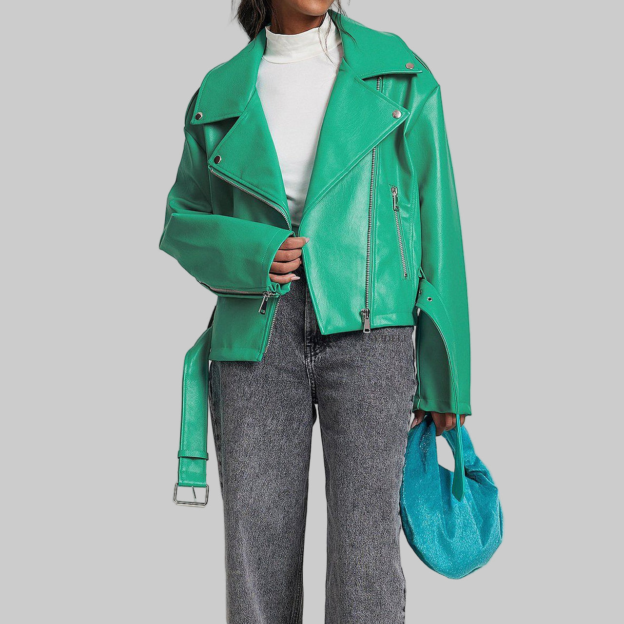 Autumn Winter Leather Coat Women Punk Short Belt Collared Locomotive Jacket Top - Modestly Vogue
