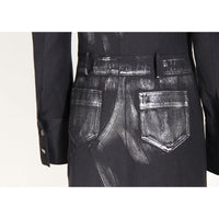 Black Niche Design Trench Coat Women Handmade Metal Silver Brush Color Rock Artist Super Long Blazer - Modestly Vogue