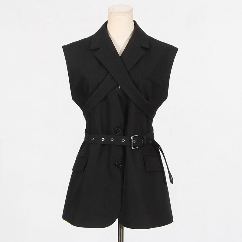 Black Blazer for Women - Simple Spring Autumn Sleeveless Belt Collared Design