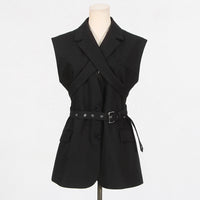 Black Blazer for Women - Simple Spring Autumn Sleeveless Belt Collared Design