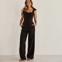 Spring Summer Black Bandeau Sling Top High Waist Wide Leg Pants Two Piece Set - Modestly Vogue