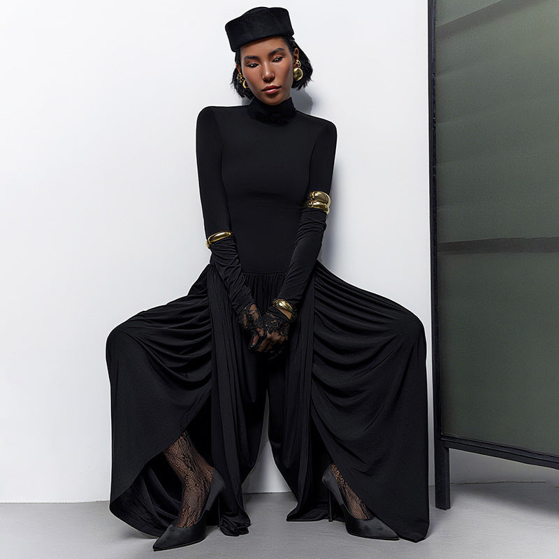 Black Fall Women Clothing Slim Fitting Cool Turtleneck Solid Color Long Sleeve Pleated Jumpsuit