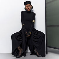 Black Fall Women Clothing Slim Fitting Cool Turtleneck Solid Color Long Sleeve Pleated Jumpsuit