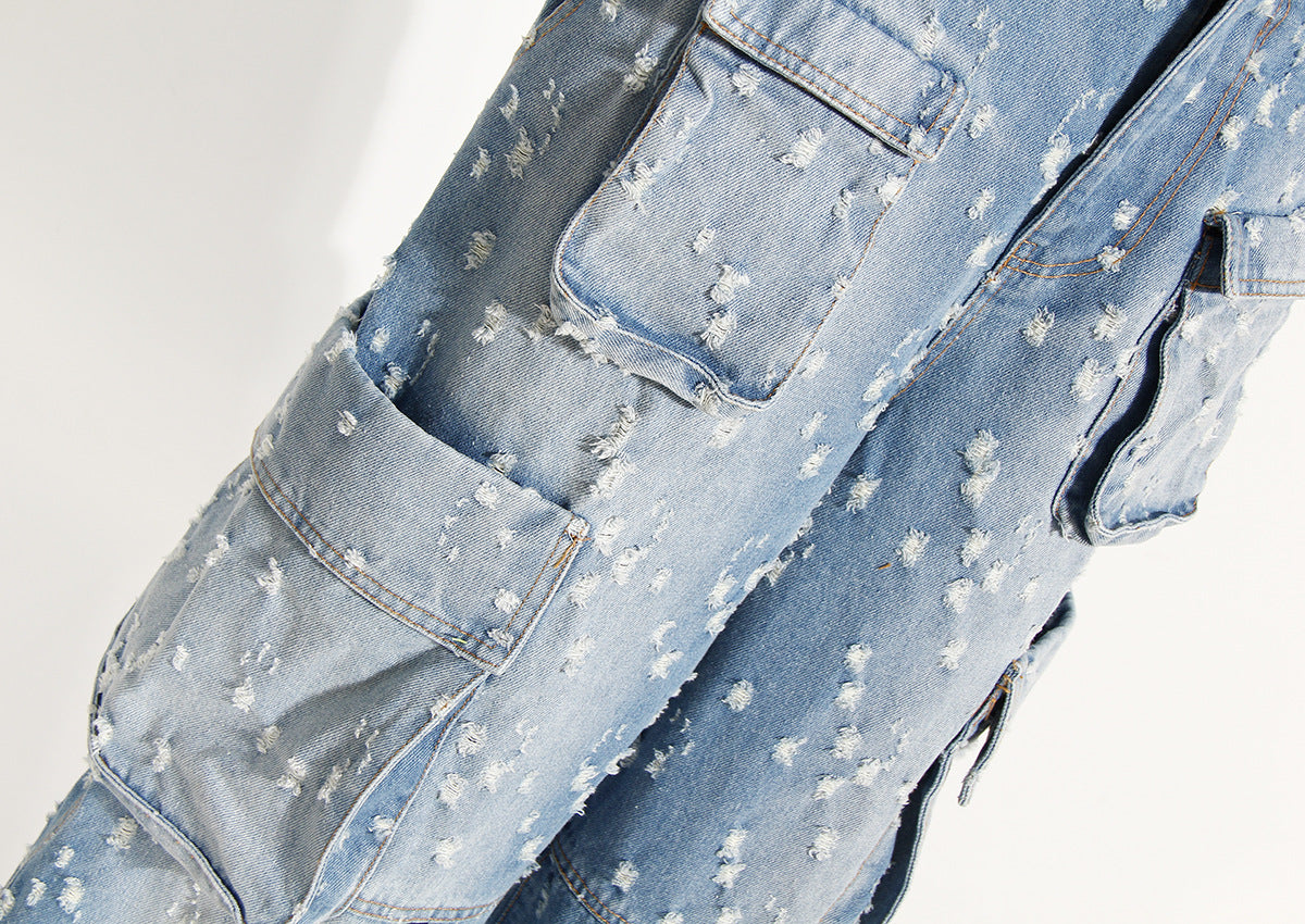 Blue Niche Design Jeans High Waist Loose Hole Trousers