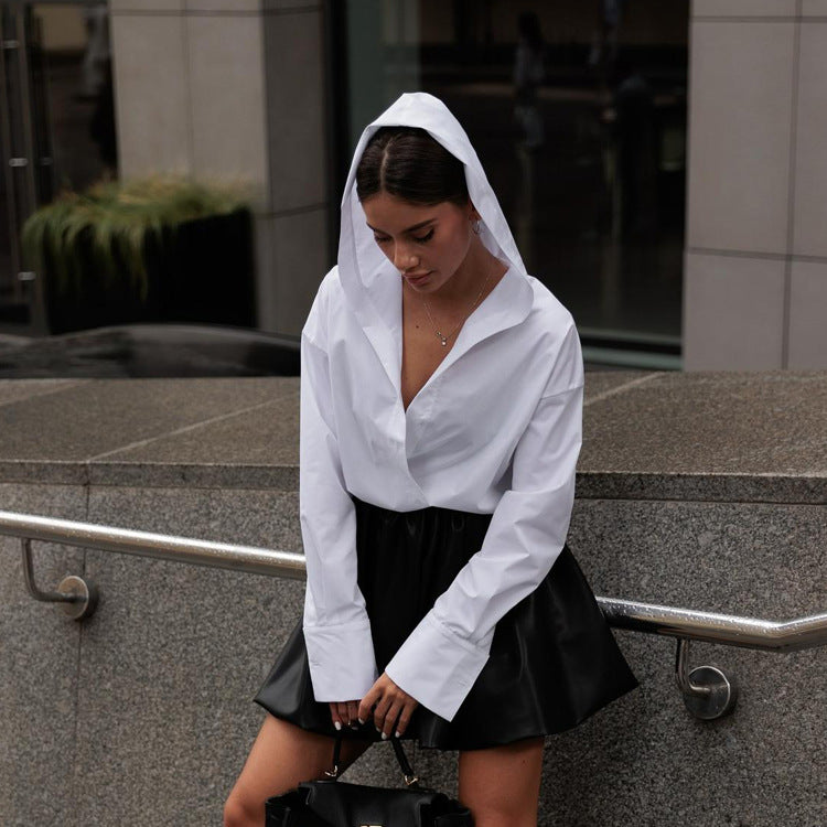 Cotton White Long Sleeve Hooded Shirt – Spring Office Cardigan - Modestly Vogue
