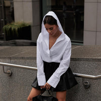 Cotton White Long Sleeve Hooded Shirt – Spring Office Cardigan - Modestly Vogue