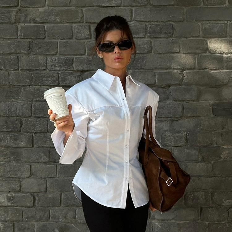 Office White Women Cotton Shirt Spring Summer High Grade Simple All Matching Collared Long Sleeve Cardigan Top - Modestly Vogue
