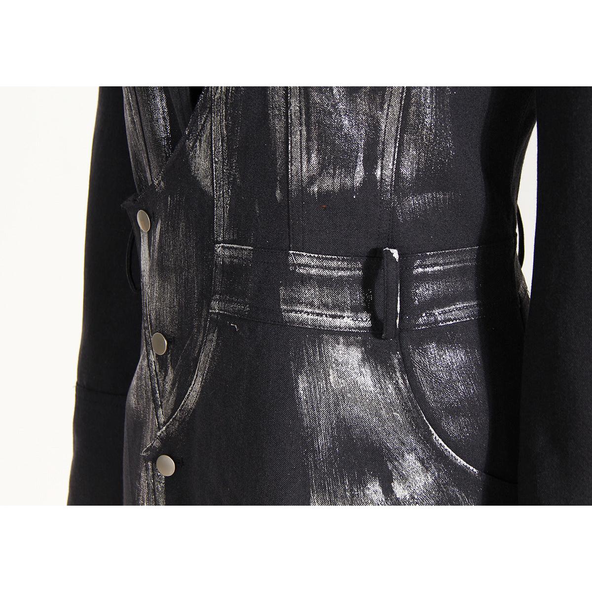 Black Niche Design Trench Coat Women Handmade Metal Silver Brush Color Rock Artist Super Long Blazer - Modestly Vogue
