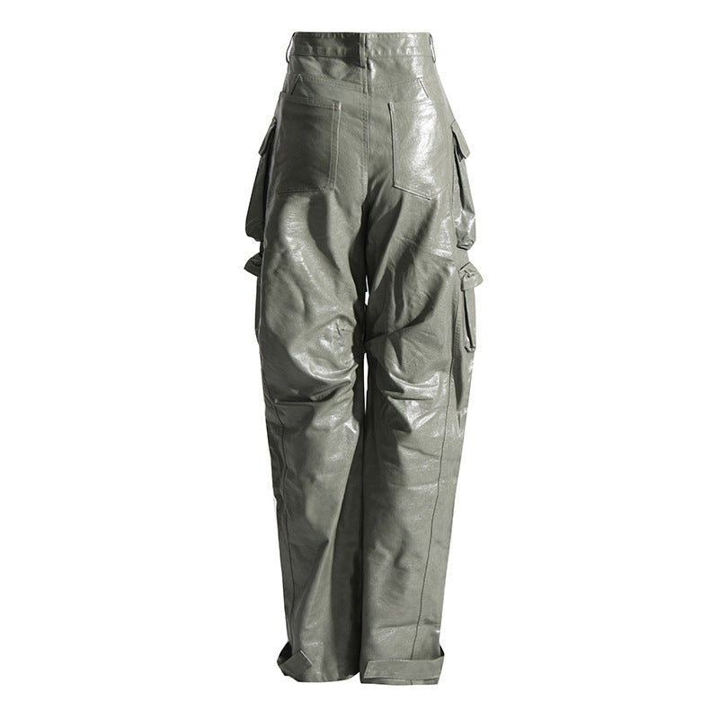 Earthtone Unique Design Faux Leather Trousers - High Waist Straight Leg Pants for Women