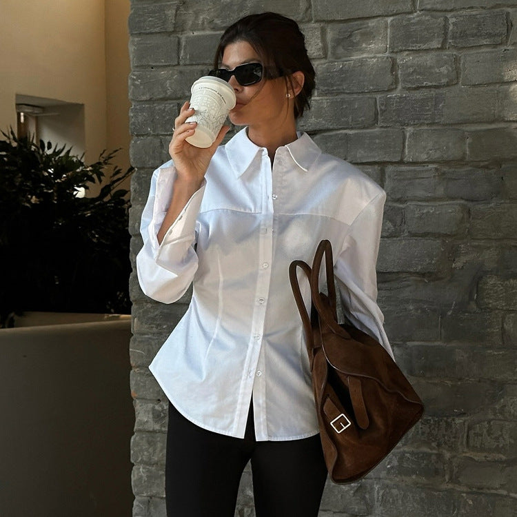 Office White Women Cotton Shirt Spring Summer High Grade Simple All Matching Collared Long Sleeve Cardigan Top - Modestly Vogue