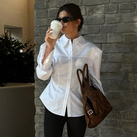 Office White Women Cotton Shirt Spring Summer High Grade Simple All Matching Collared Long Sleeve Cardigan Top - Modestly Vogue