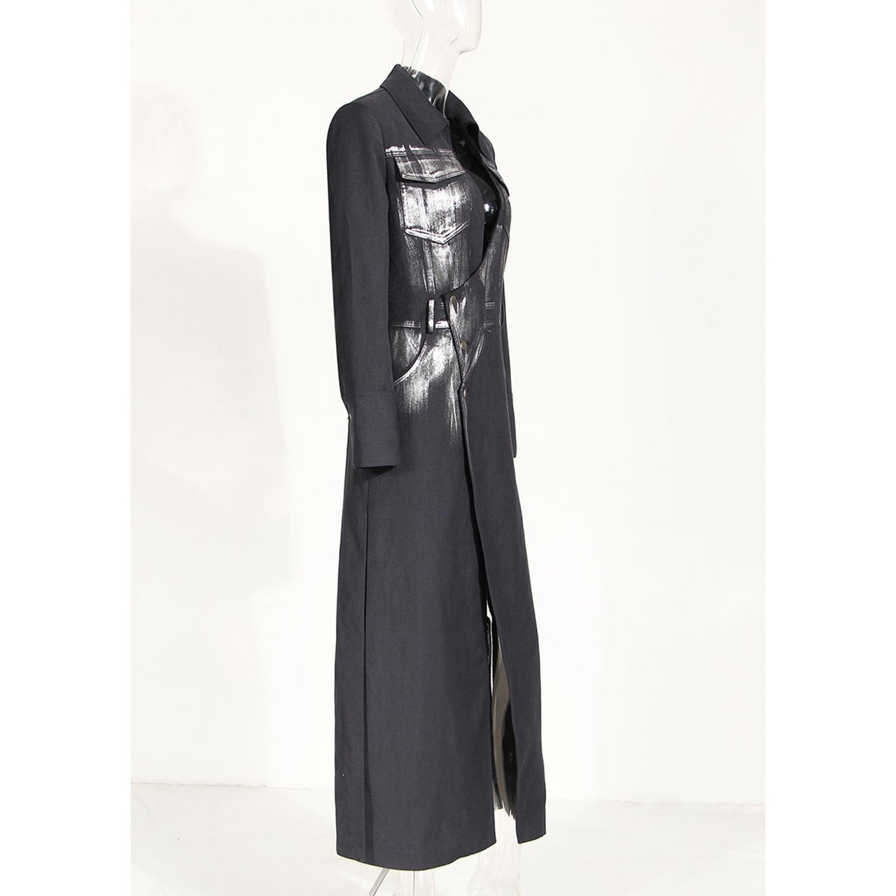 Black Niche Design Trench Coat Women Handmade Metal Silver Brush Color Rock Artist Super Long Blazer - Modestly Vogue