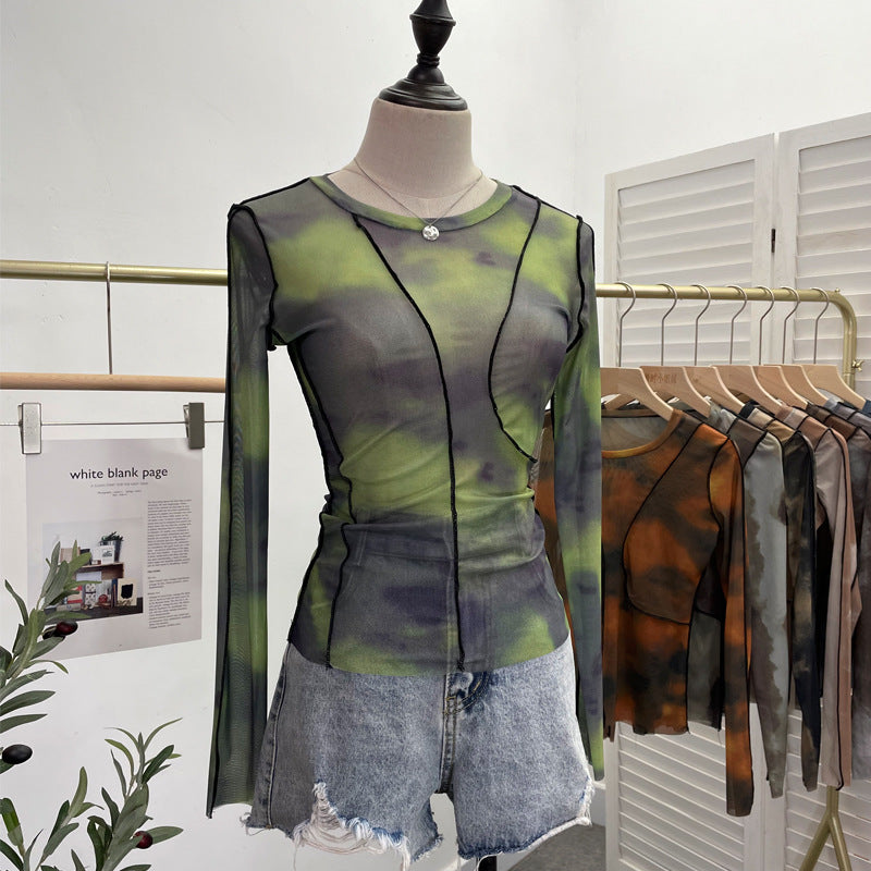 Earthtone Sunset Blooming Stretch Mesh Slim Fit Bottoming Shirt Bandage Top