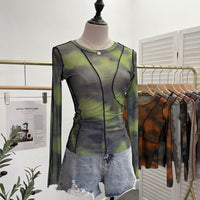 Earthtone Sunset Blooming Stretch Mesh Slim Fit Bottoming Shirt Bandage Top