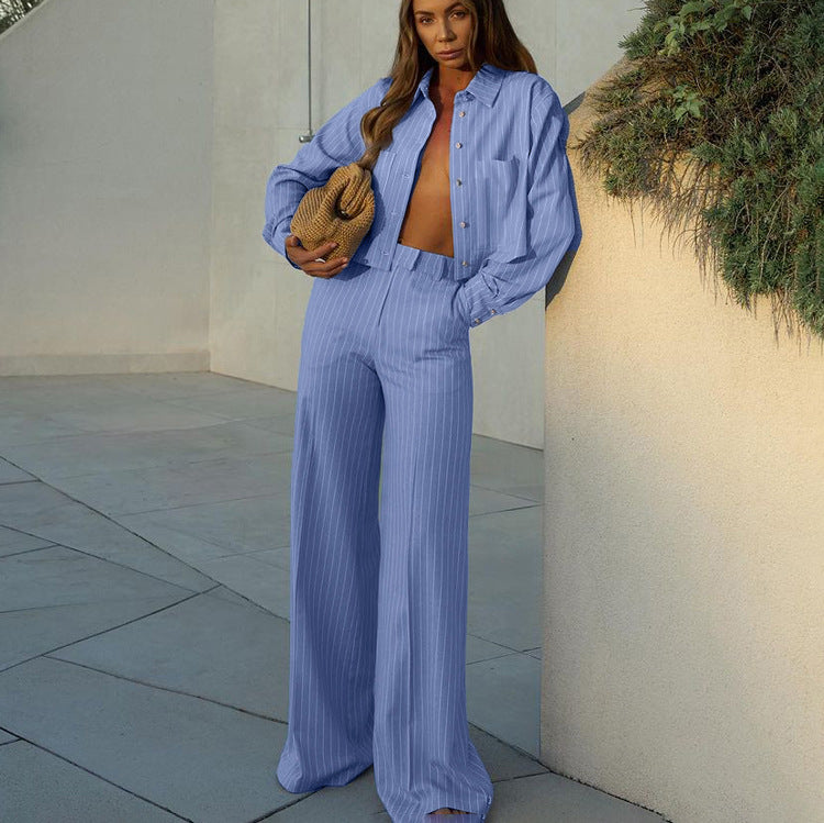Women Clothing Striped Collared Long Sleeve Short Shirt Loose Wide Leg Pants Two Piece Set - Modestly Vogue