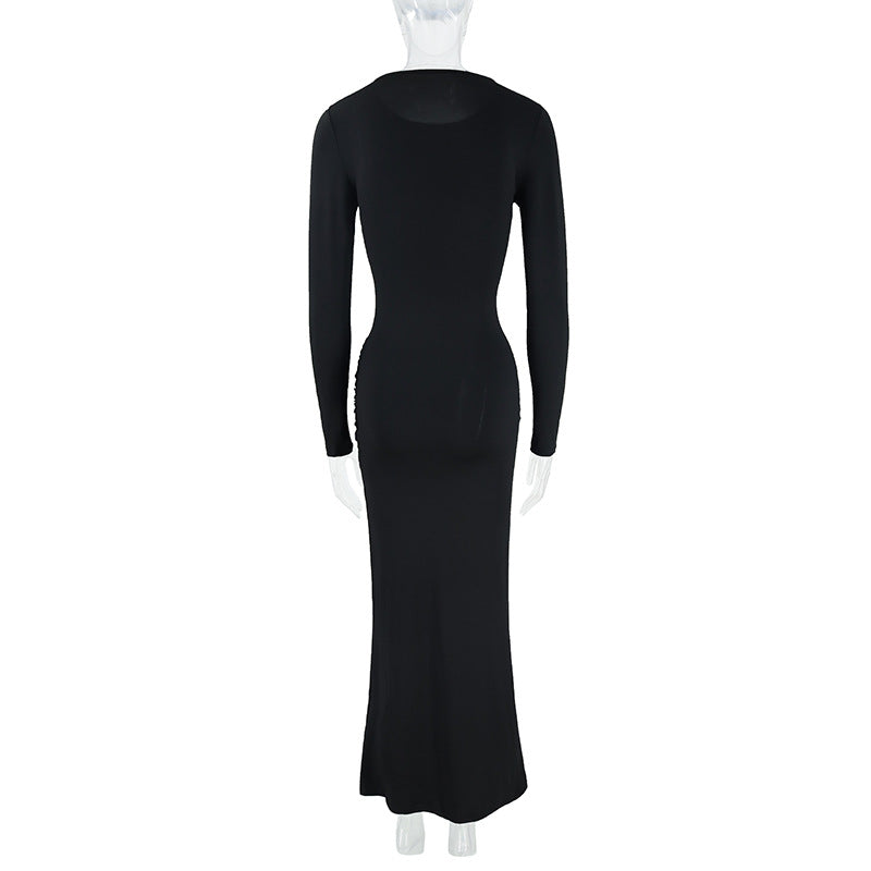 Fall Women Clothing round Neck Long Sleeve Slim Fit Lace up Sheath Solid Color Temperamental Minority Maxi Dress