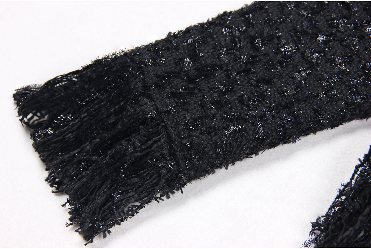 Black Silk Tweed Fringe Pocket Fastener Decoration Cardigan Women Coat Top