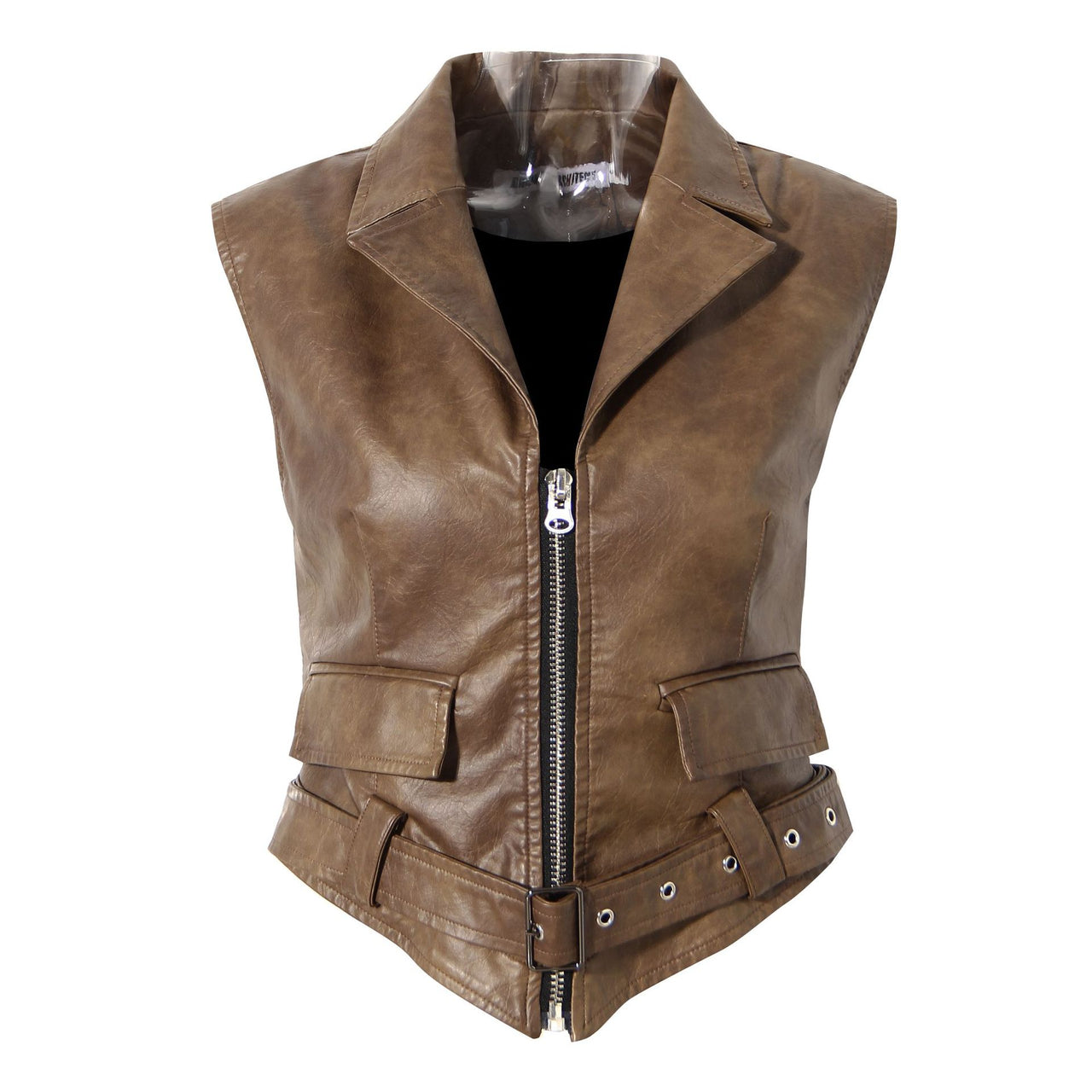 Earthtone Design Two Piece Coat Spring Cloak Stitching Faux Leather Handsome Waist Tight Jacket Top Women