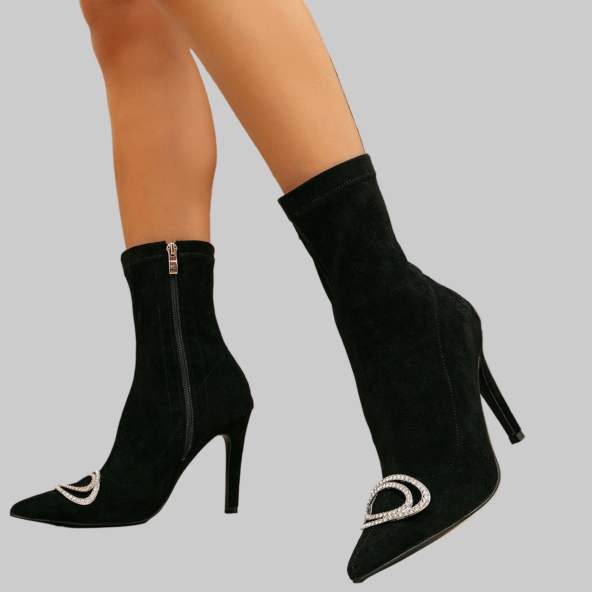 Boots Autumn Winter Pointed Toe High Heel Short Boots Women All Matching Stiletto Rhinestone Tube Socks Stretch Boots - Modestly Vogue