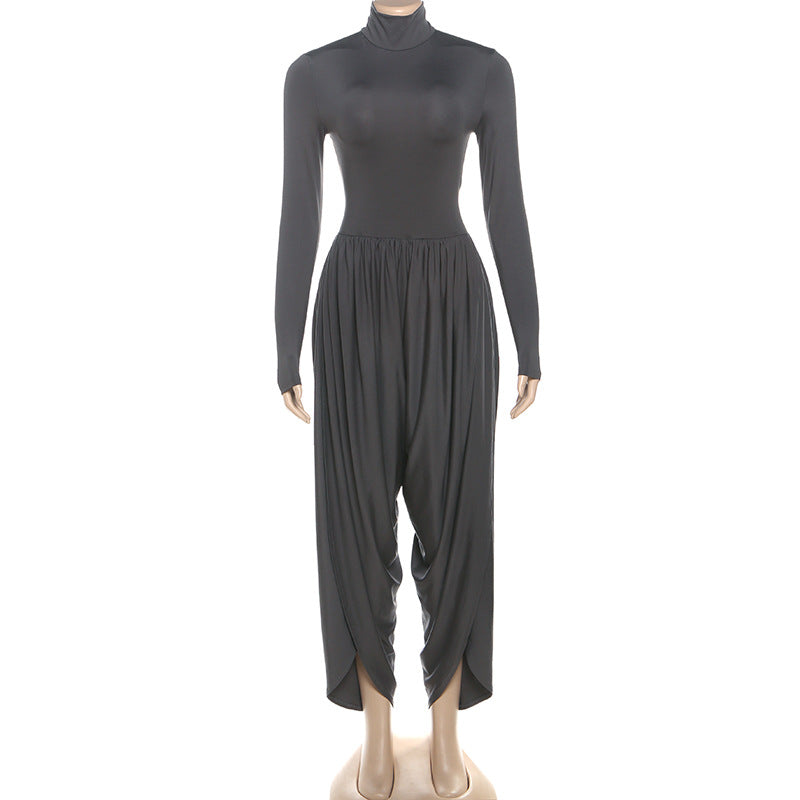 Black Fall Women Clothing Slim Fitting Cool Turtleneck Solid Color Long Sleeve Pleated Jumpsuit