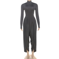 Black Fall Women Clothing Slim Fitting Cool Turtleneck Solid Color Long Sleeve Pleated Jumpsuit