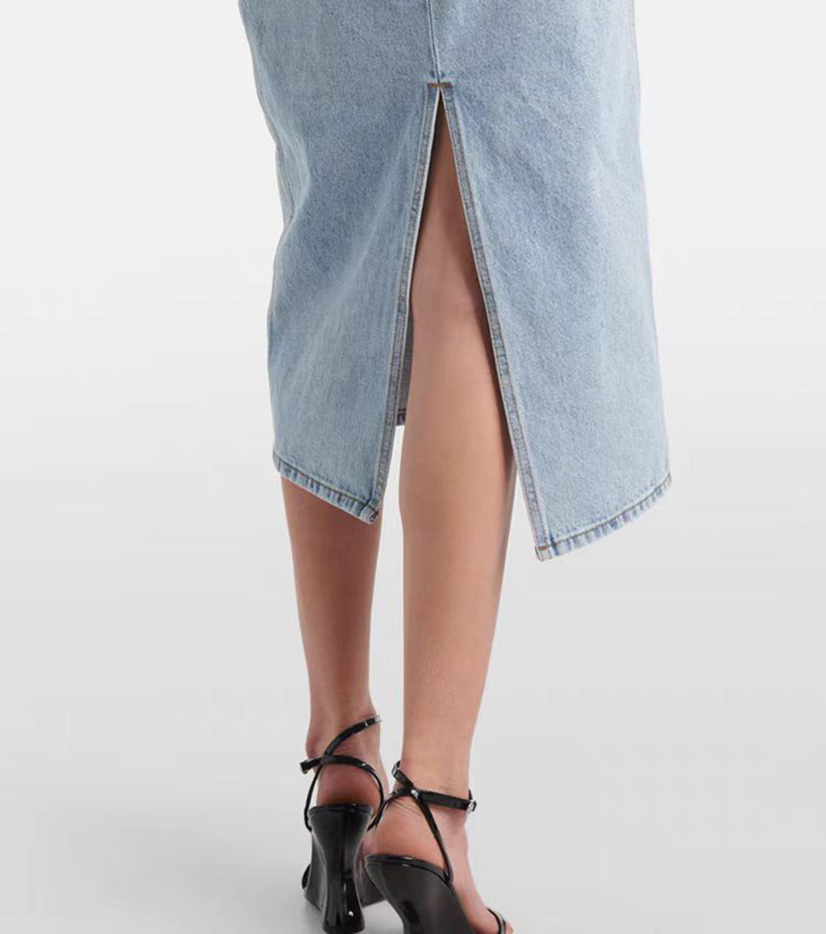 Blue Spring Summer Modern Urban Women Power Sense Three Pleated Rose Washed Denim Pencil Skirt